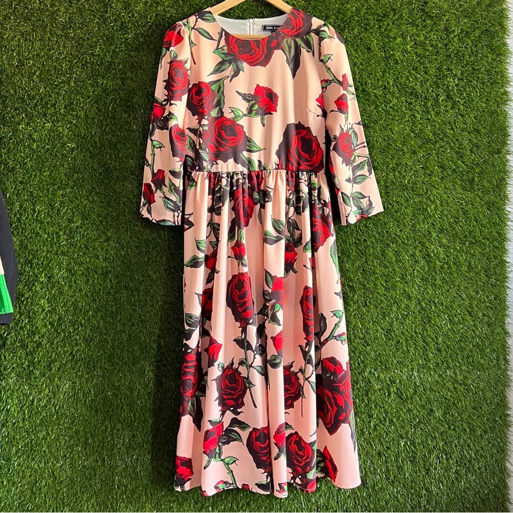 Rose Print Gathered Waist Dress - Picture 1 of 6